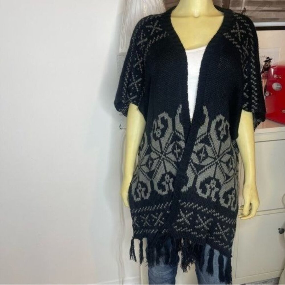Black & Gray Open Knit Poncho with Fringe